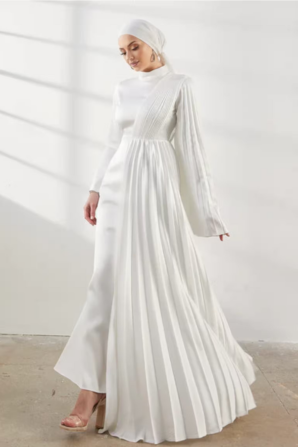 Crimping Full Sleeves Long Muslim Wedding Dress