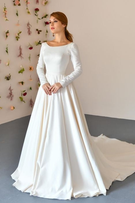 Modest Round Neck Ivory Satin Wedding Dress V Back