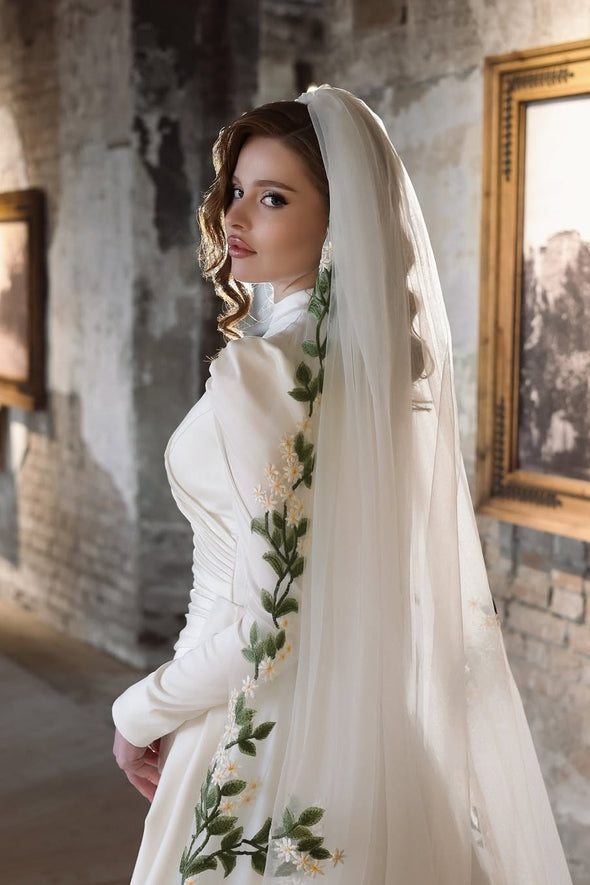 High Neck Long Sleeves Wedding Dress With Draped