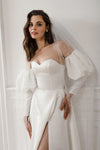 A Line Wedding Dress With Detachable Sleeves Side Split Pearl Veils