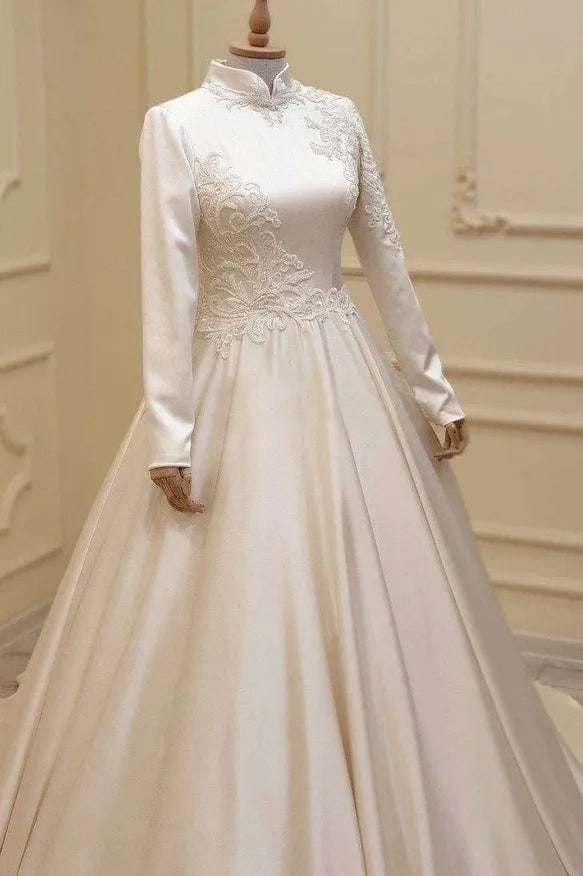 A Line Satin Muslim Wedding Dress With Embroidery