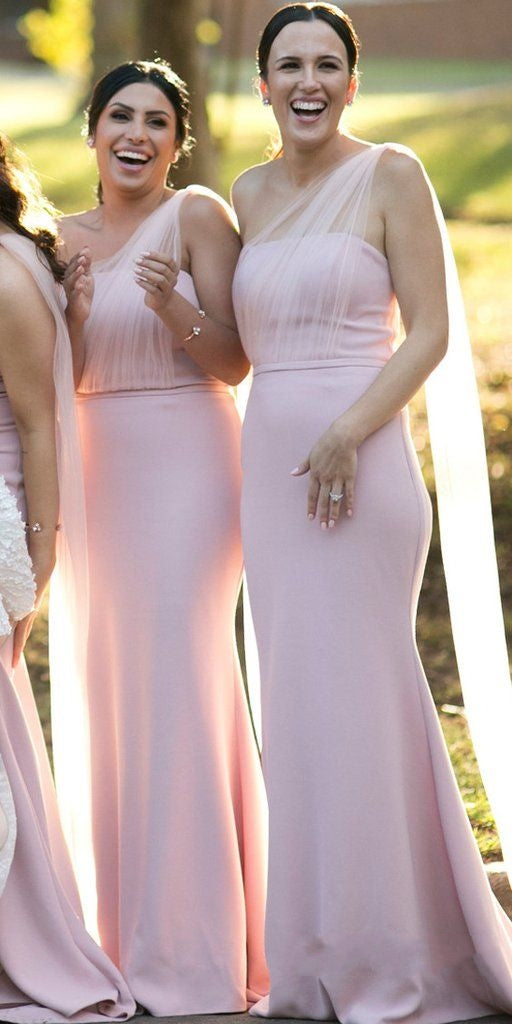 One Shoulder Mermaid Pink Long Bridesmaid Dress With Tulle Shawl TANYA BRIDAL One Shoulder Mermaid Pink Long Bridesmaid Dress With Tulle Shawl TANYA BRIDAL