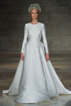 Romantic Thick Satin Long Wedding Dress Round Neck Full Sleeves