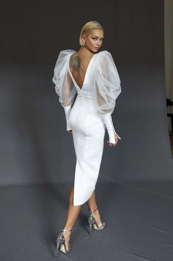 Short Satin V Neck Puffy Sleeves Wedding Party Dress