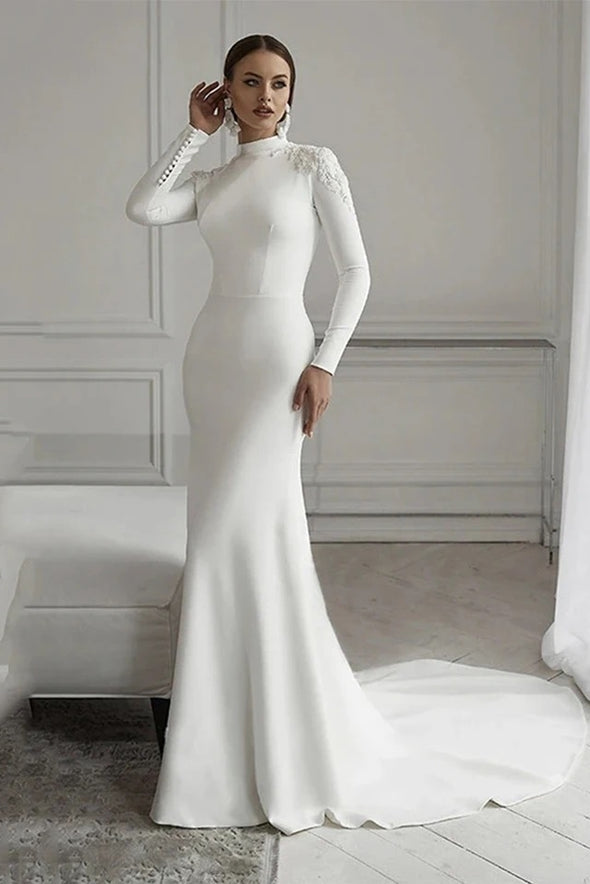 Mermaid Long Muslim Wedding Dress Fulle Sleeves With Appliques