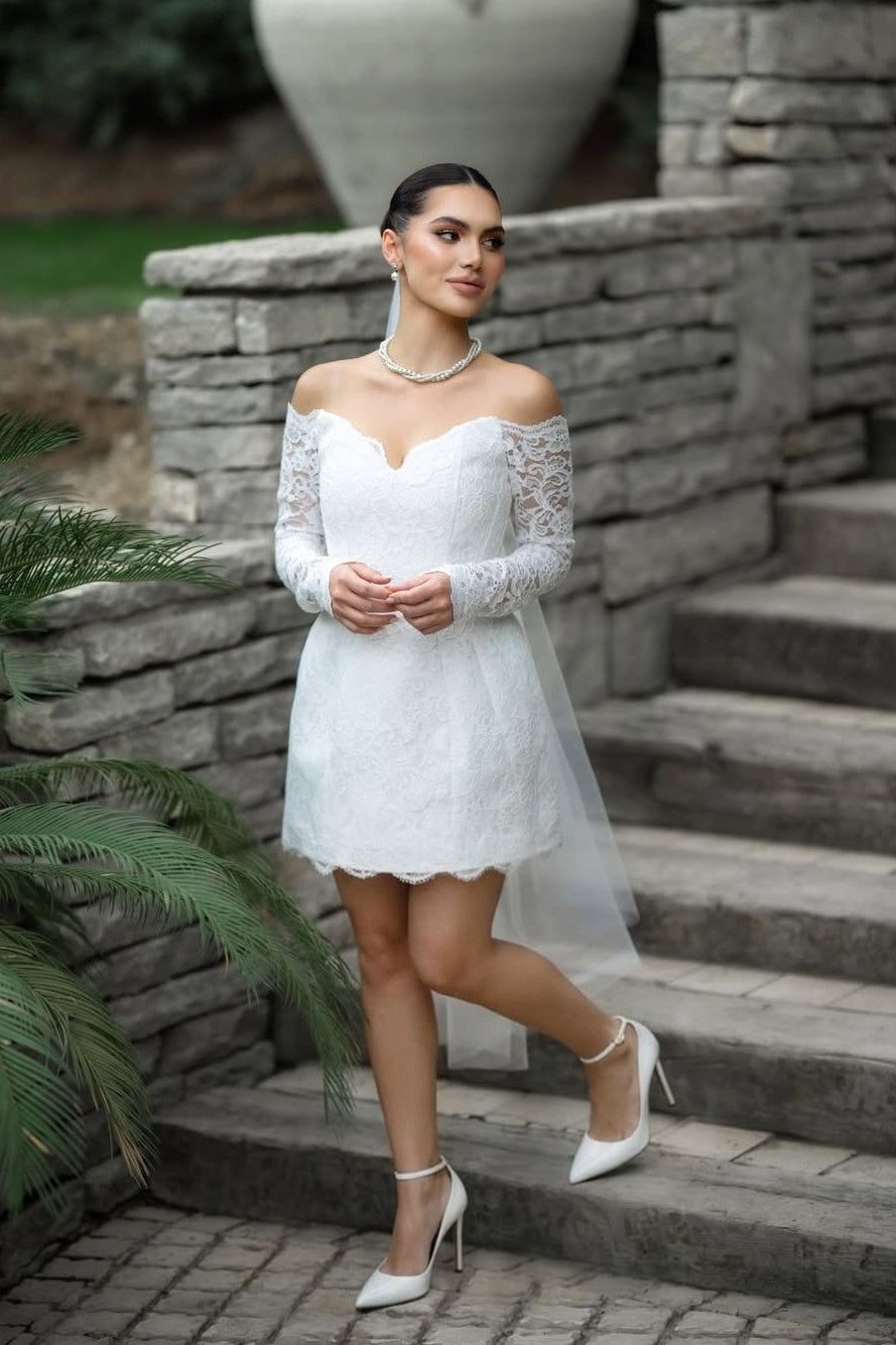 DZ9604 Short Off-The-Shoulder Wedding Dress with Long Lace Sleeves TANYA BRIDAL DZ9604 Short Off-The-Shoulder Wedding Dress with Long Lace Sleeves TANYA BRIDAL