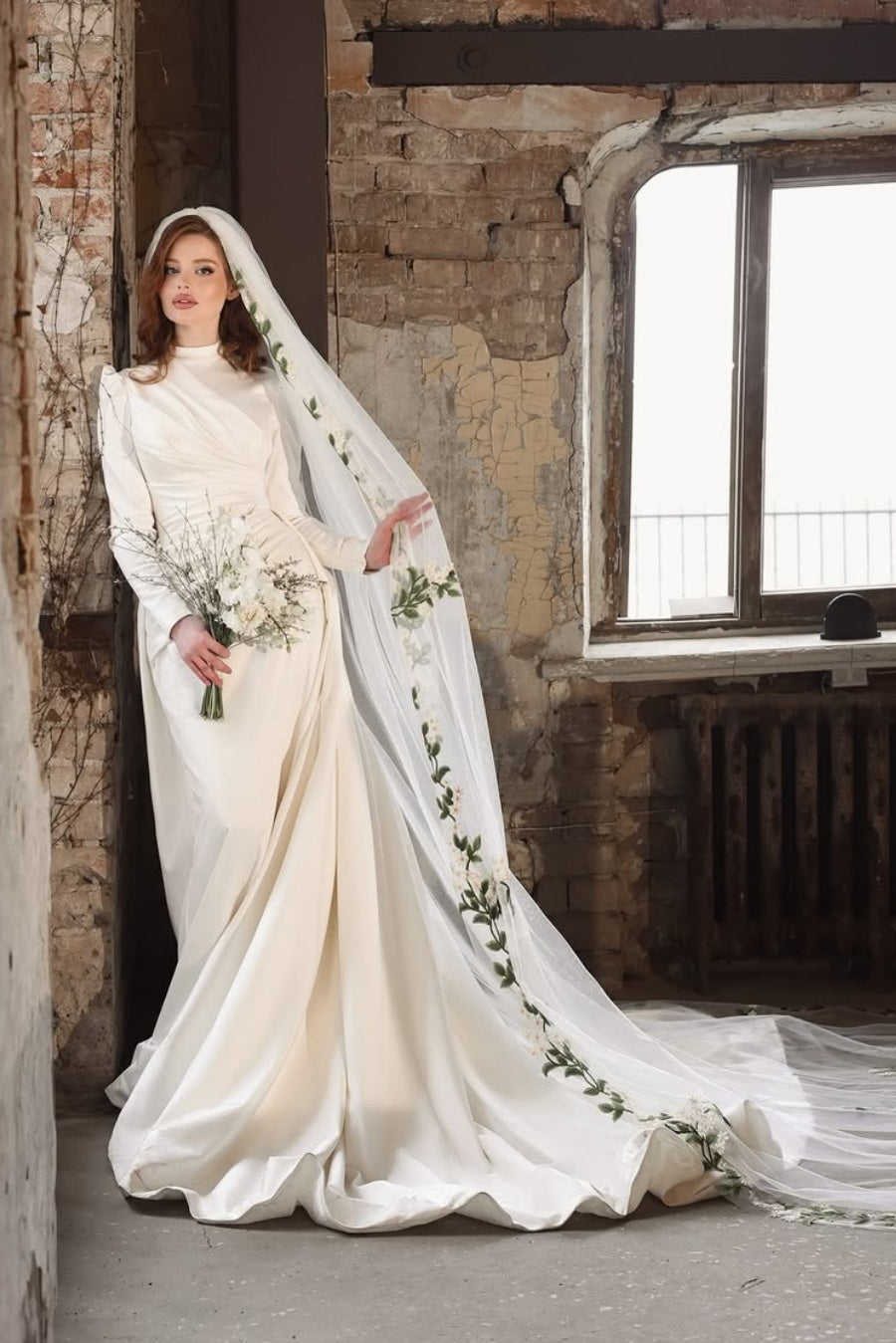 veils for long sleeve wedding dresses Vegan Alternative Draped Wedding Cape Veil, Bridal Dress Cover-Up Soft White / Chapel 90 inches