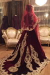Arabic Dubai Velvet Burgundy Gold Applique Luxury Muslim Wedding Dresses