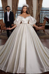 Long Ivory A-line V-neck Jewel Wedding Dress With Long Sleeves