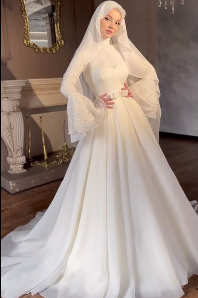 High Neck Full Sleeves Flare Style A Line Modest Muslim Wedding Dress