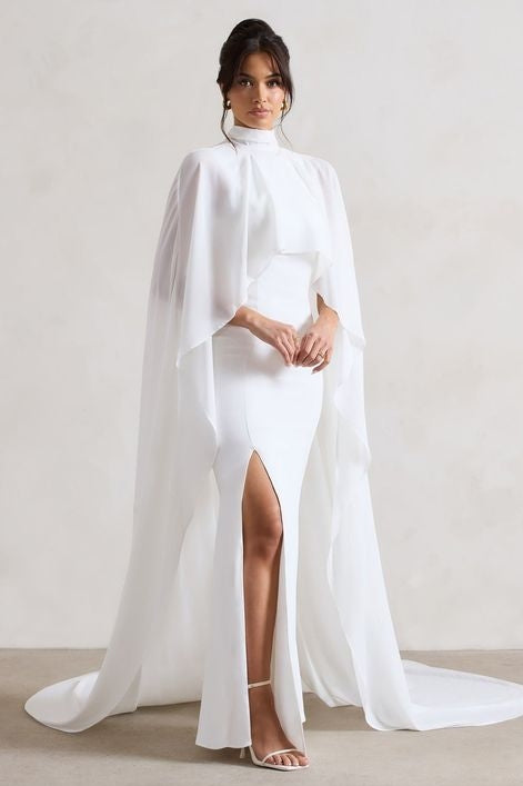 High Neck Split Fish Tail Wedding Dress With Chiffon Cape TANYA BRIDAL High Neck Split Fish Tail Wedding Dress With Chiffon Cape TANYA BRIDAL