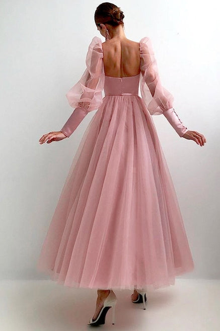 Dusty Pink A Line Prom Dress Full Sleeves