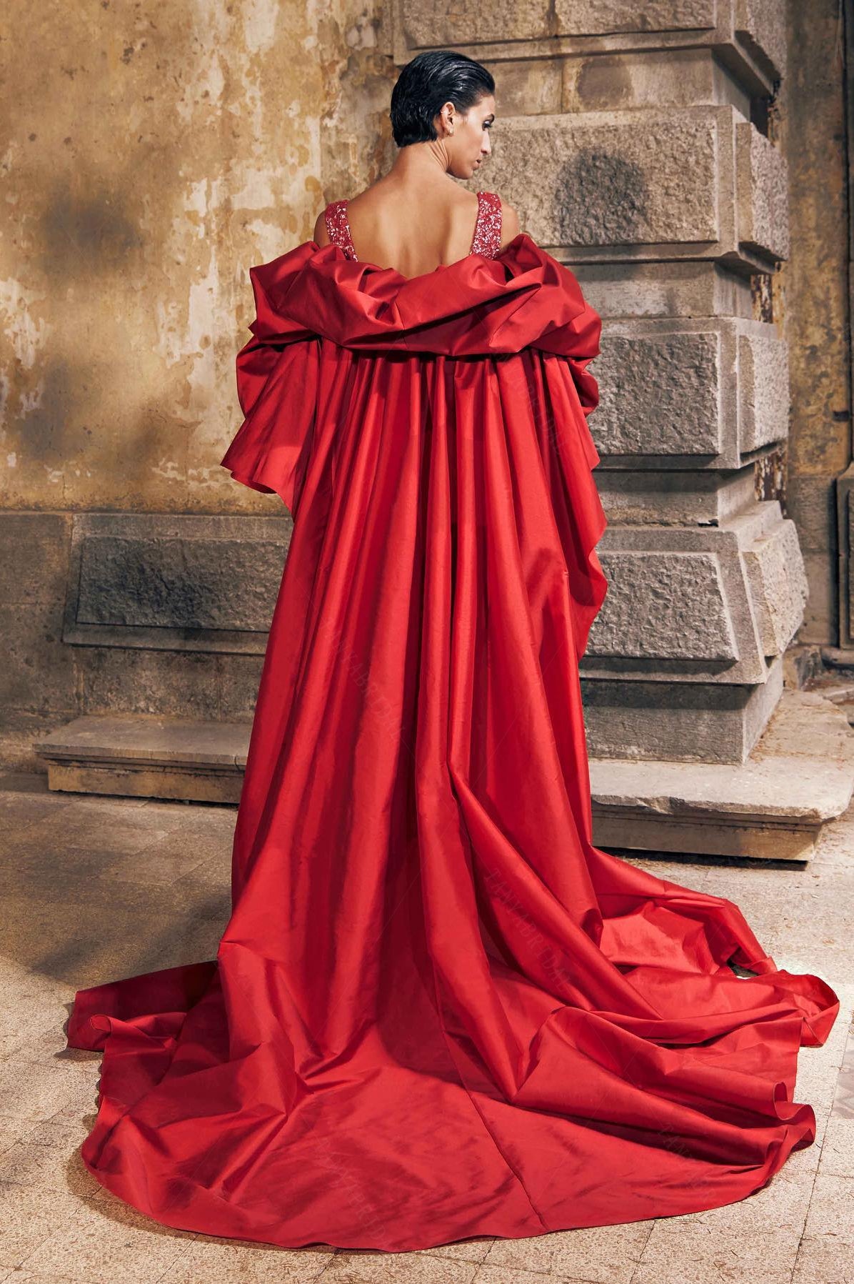 red cape dress Red Taffeta Wedding Cape With Long Puff Sleeves ZJ163 – TANYA BRIDAL