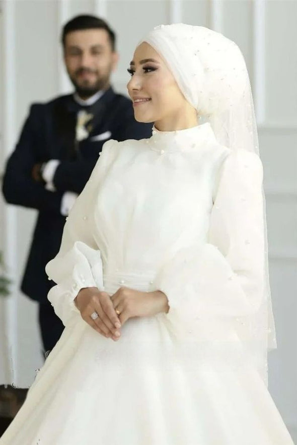 Organza Pearls Muslim Hijab Wedding Dress