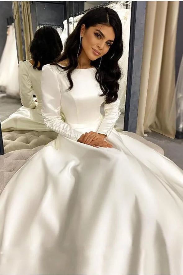 Simple Satin Muslim Wedding Dress Full Sleeves With Buttons