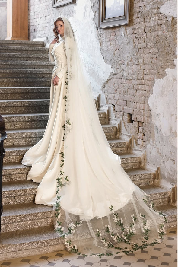High Neck Long Sleeves Wedding Dress With Draped
