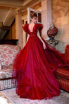 V Neck High Low Red Prom Dress Gown