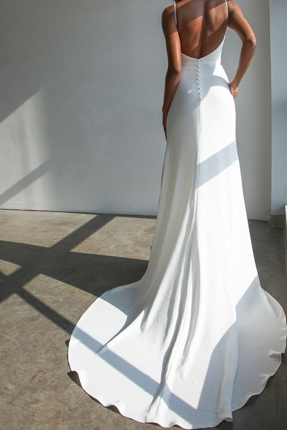 Elegant V-Neck Side Split Wedding Dresses Open Back