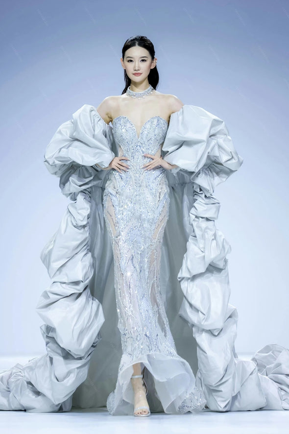 Light Grey Taffeta Long Coat With Puffy Charming Edge OutFit Chic DJ315