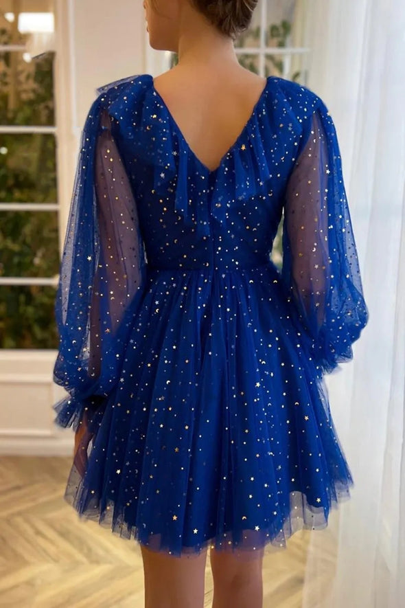 Sexy A-Line Deep V Neck Homecoming Dress Tulle Sparkle Shine Dress