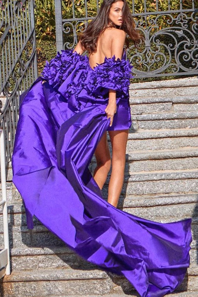 Purple Mini/Short Evening Gowns With Detachable Sleeved Cape – TANYA BRIDAL Purple Mini/Short Evening Gowns With Detachable Sleeved Cape – TANYA BRIDAL