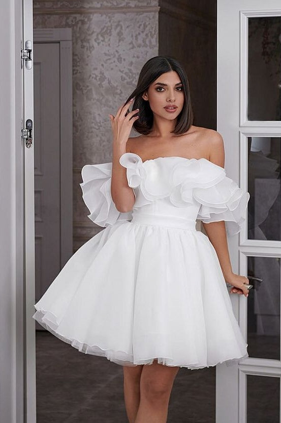 Off The Shoulder Ruffles A Line White Homecoming Dress – TANYA BRIDAL