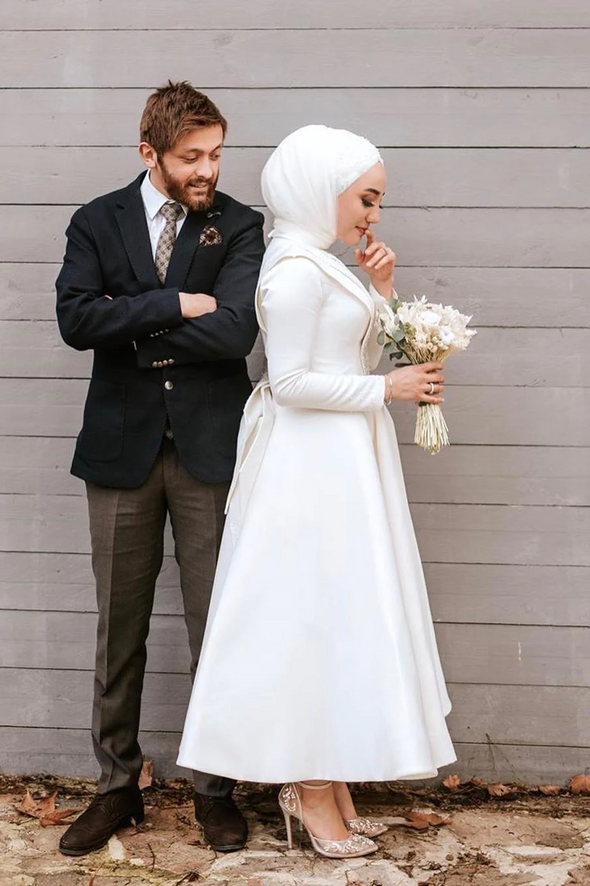 Short Muslim Wedding Dresses Long Sleeves Satin Bridal Gown DQG1103