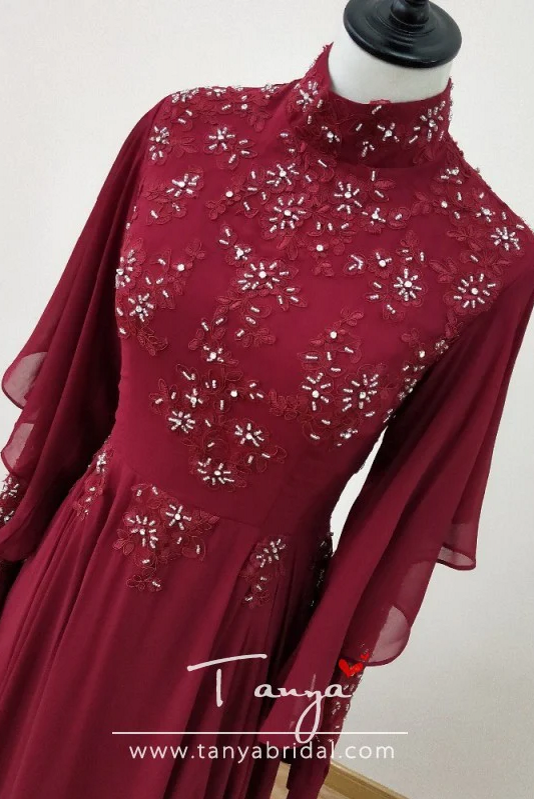 Chiffon Burgundy Elegant Arabic Muslim Wedding Dresses DQG923