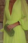 A Line Full Sleeves Sage Green V Neck Chiffon Prom Dress