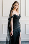 V05 Black Bride Party Veil With Pearls Short & Long With Comb