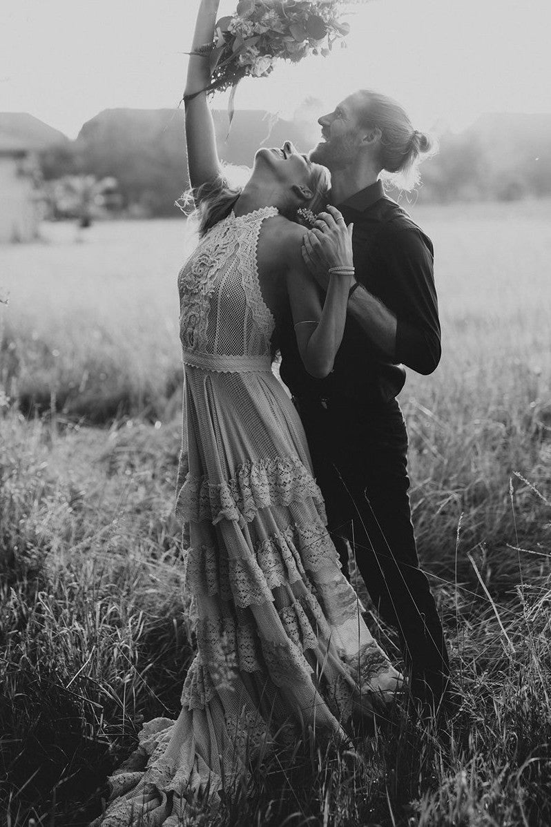 Bohemian Halter Backless Illusion Wedding Dresses A-Line TANYA BRIDAL Bohemian Halter Backless Illusion Wedding Dresses A-Line TANYA BRIDAL