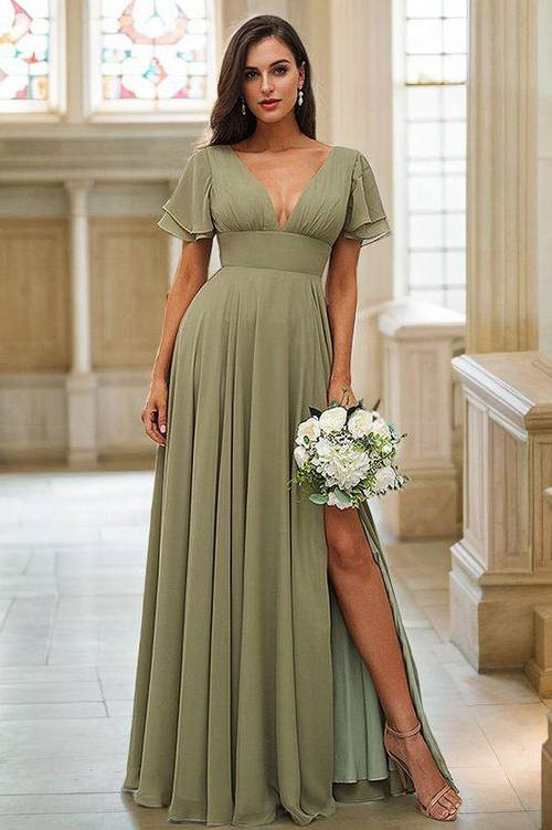 V Neck Chiffon Dusty Sage Long Bridesmaid Dress – TANYA BRIDAL