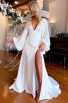 V Neck Long Sleeves High Side Split Wedding Gown 24311423