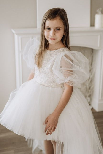 Short Front Long Back Beaded Sequins Flower Girl Dress