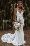 Mermaid Long Rose Lace Wedding Dress Backless Bohemian Bridal Gown