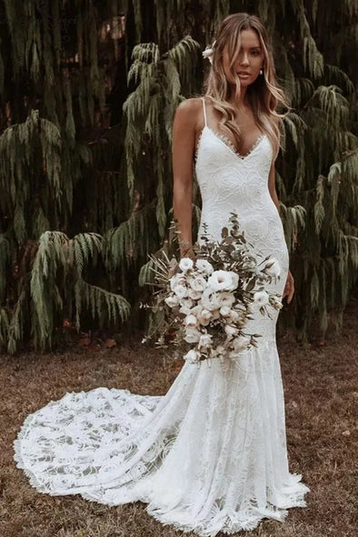 Mermaid Long Rose Lace Wedding Dress Backless Bohemian Bridal Gown