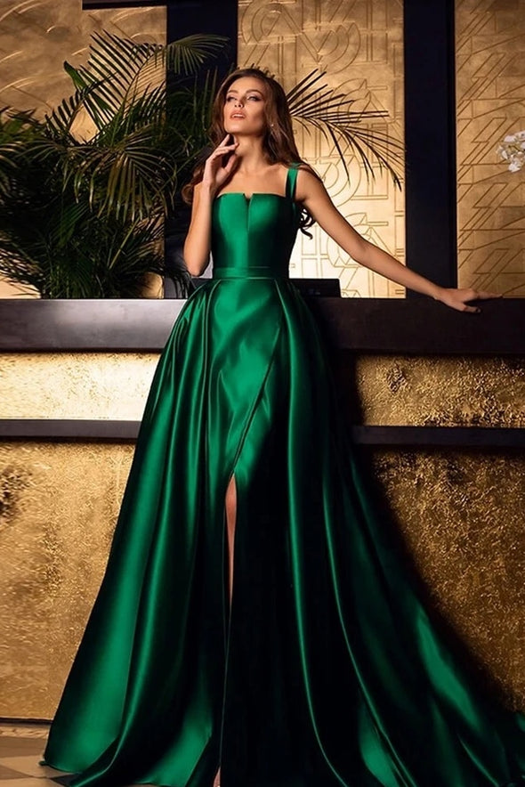 Green Satin Long Prom Dresses With Detachable Train
