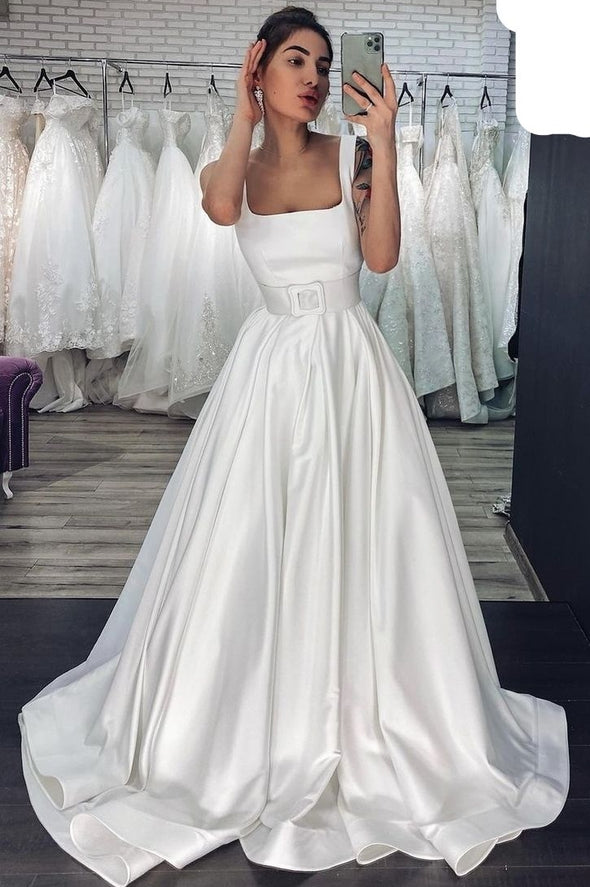 Exquisite A-Line Square Neck Satin Wedding Dresses with Belt