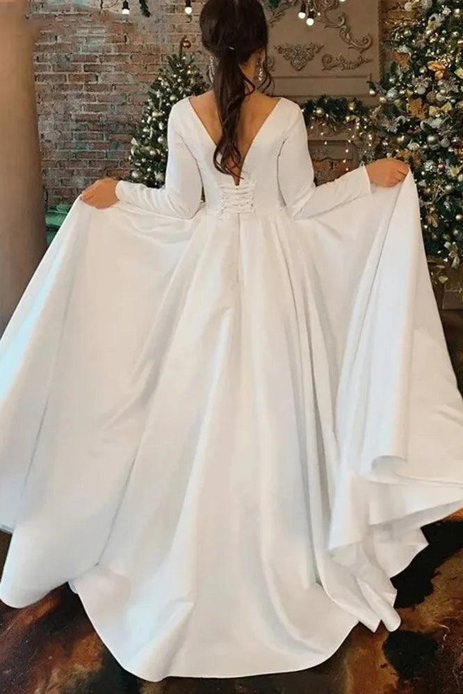 Satin Belt Backless A Line V Neck Wedding Dress