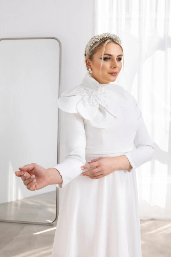High Neck Full Sleeves A Line Simple Muslim Wedding Dresses With Rose