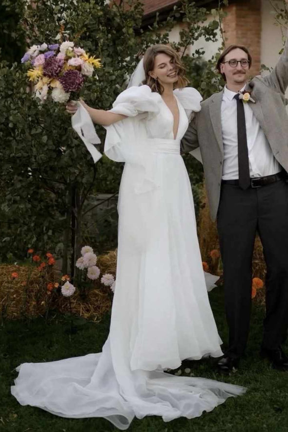 Deep V Neck Long Sleeves Cross Back Chiffon Wedding Dress