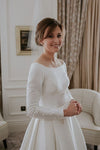 Round Neck Ivory Satin Wedding Dress With Pearl