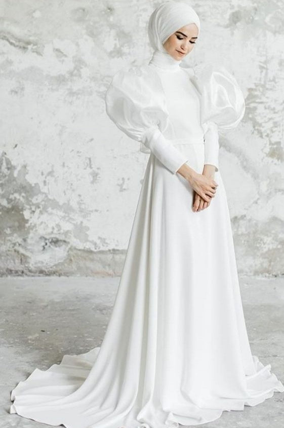 Puffy Sleeves Long Satin Muslim Wedding Dress With Train