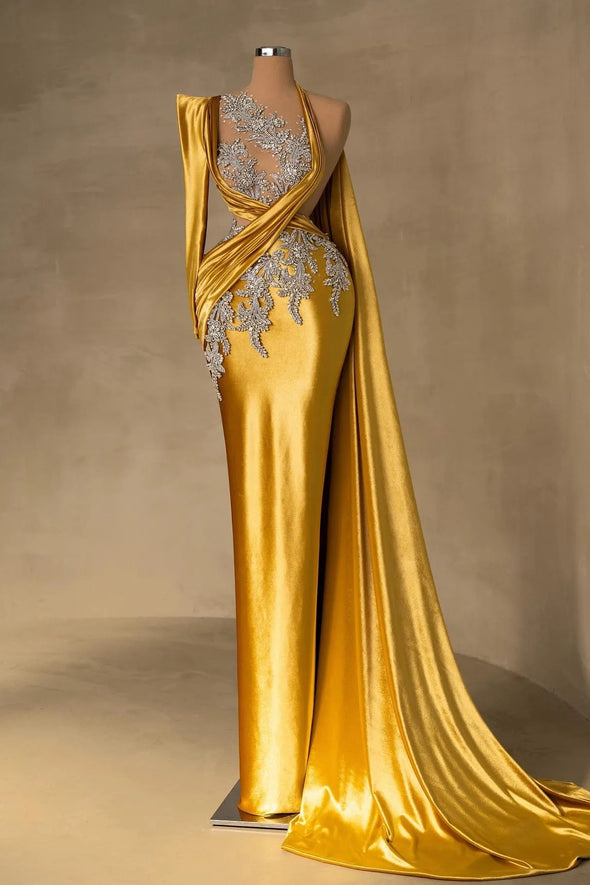 Yellow Sheath Crystals Evening Dresses Rhinestones Prom Gowns