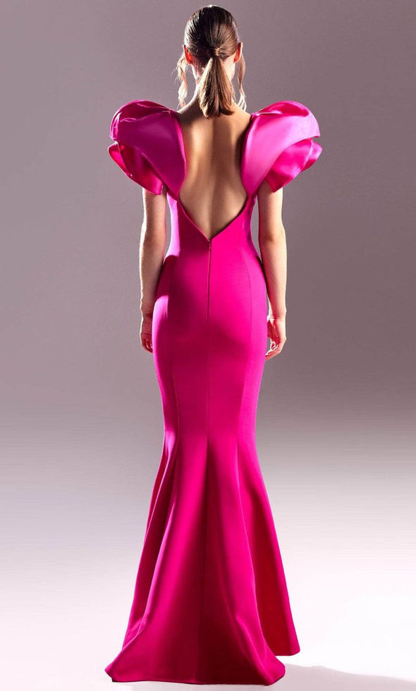 Plunging Neck Ruffled Detail Sleeve Prom Dress