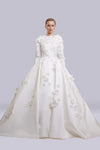 Luxury Long Sleeves Satin Flowers Backless Wedding Bridal Gown