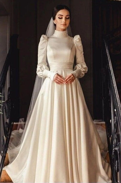 Crew Shoulder Full Sleeves A Line Satin Muslim Wedding Gown