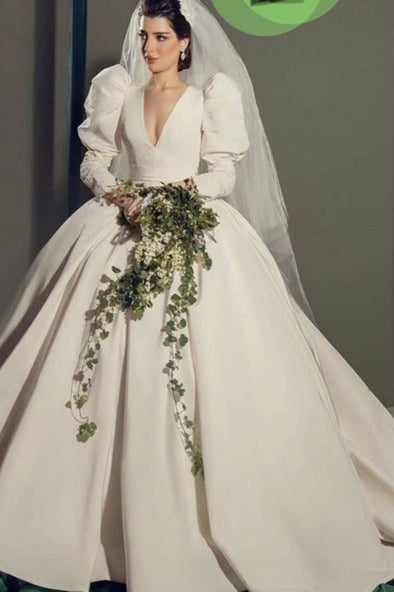 V Neck Long Crew Sleeves Ball Gown Bridal Dress