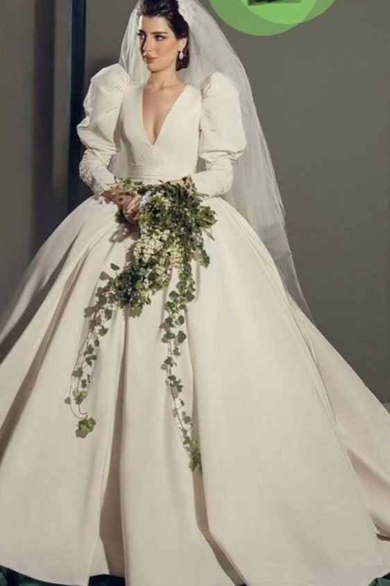 V Neck Long Crew Sleeves Ball Gown Bridal Dress