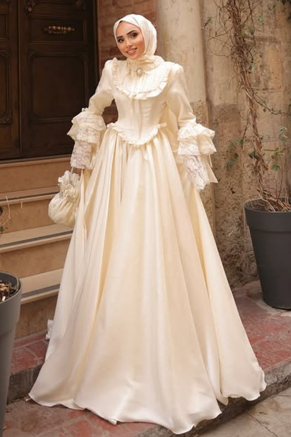 #DZ9444 Ivory Muslim Wedding Dress Long Sleeves With Lace